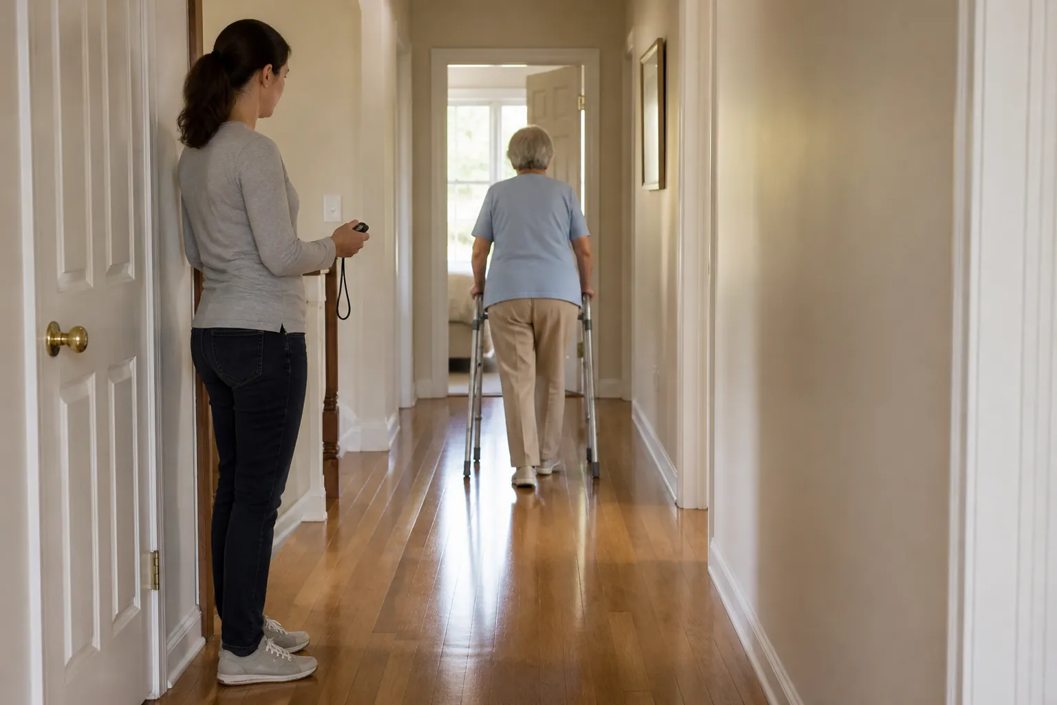 Adult daughter timing a practice drill as her older mother uses a walker down a cleared hallway toward an interior tornado shelter room