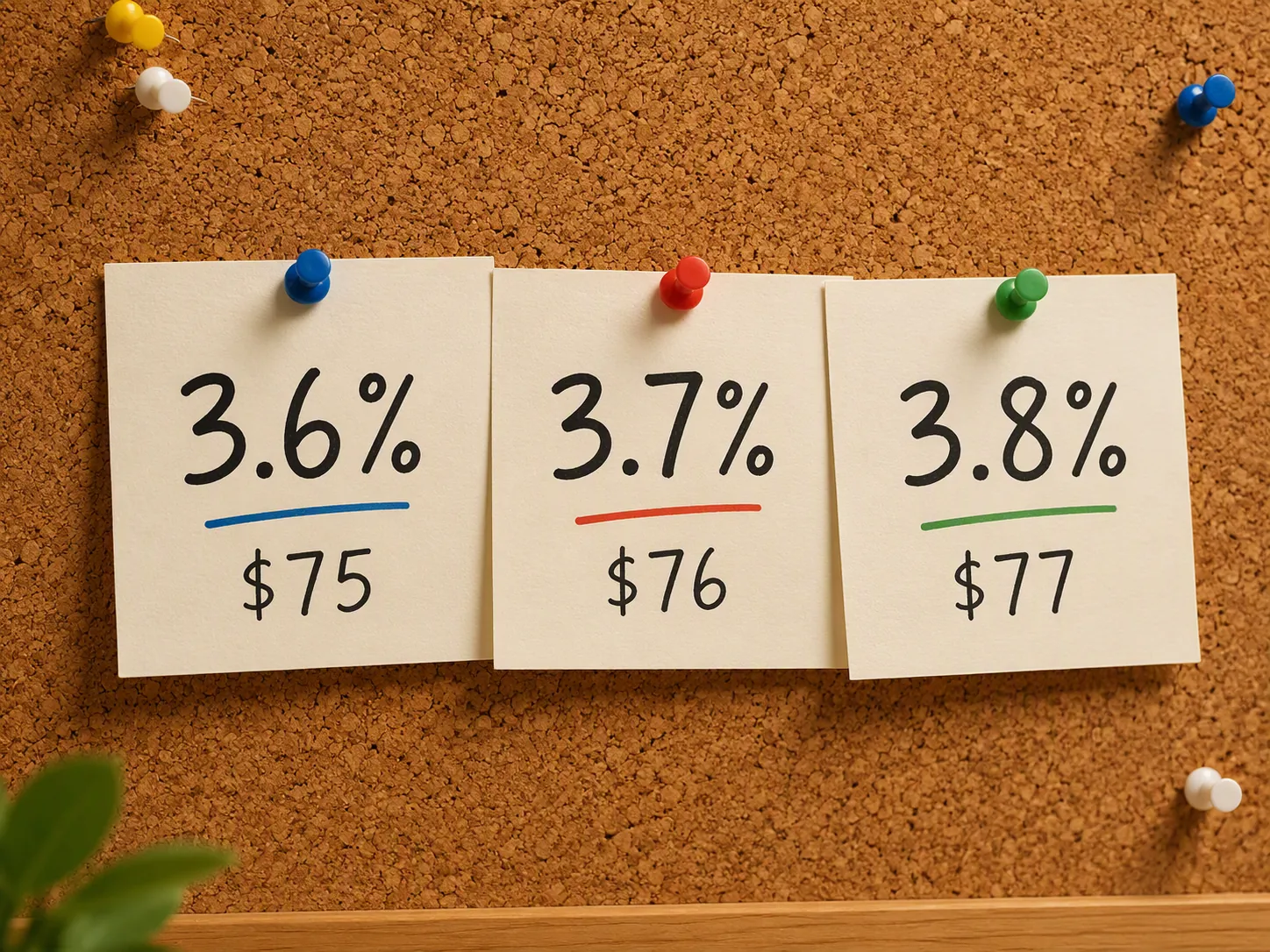 Note cards showing Social Security COLA projections of 3.6%, 3.7%, and 3.8%