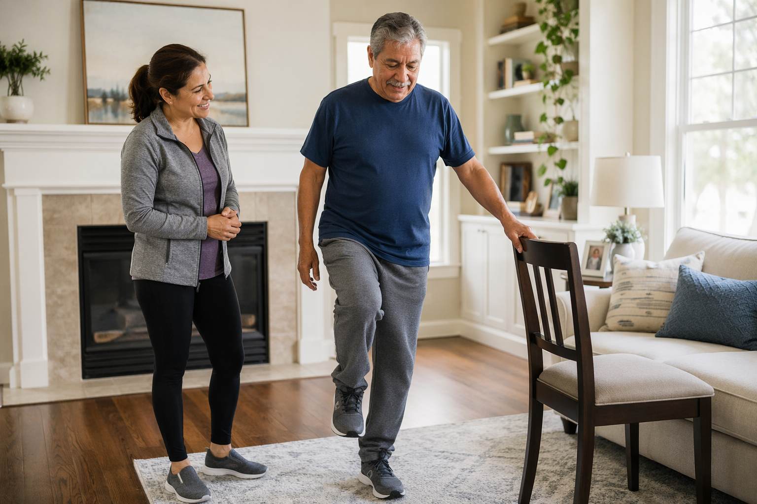 An older man practices a balance exercise near a sturdy chair while a middle-aged woman stands nearby