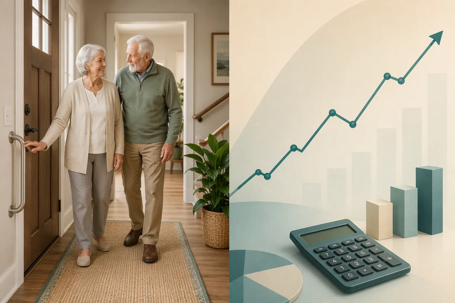 Older couple in a safe home hallway beside a retirement planning chart and calculator