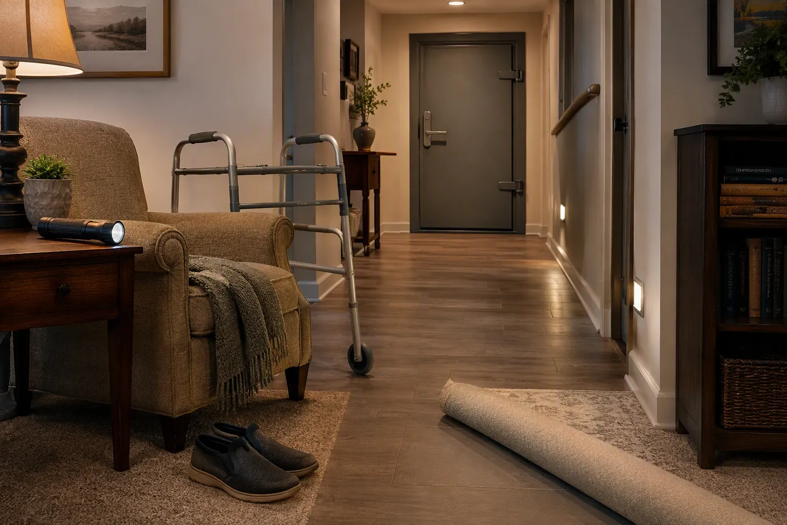 Clear hallway route from an armchair to a basement storm-shelter door with walker, flashlight, sturdy shoes, removed rug, and emergency lighting