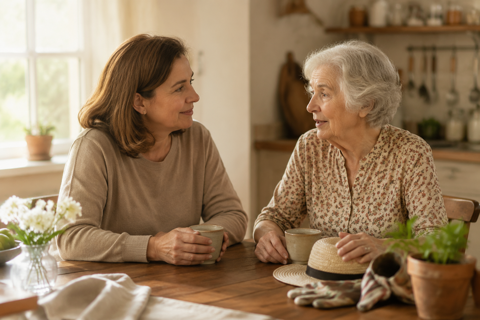 A middle-aged daughter listens to her elderly mother at a sunlit kitchen table with tea and a gardening hat nearby