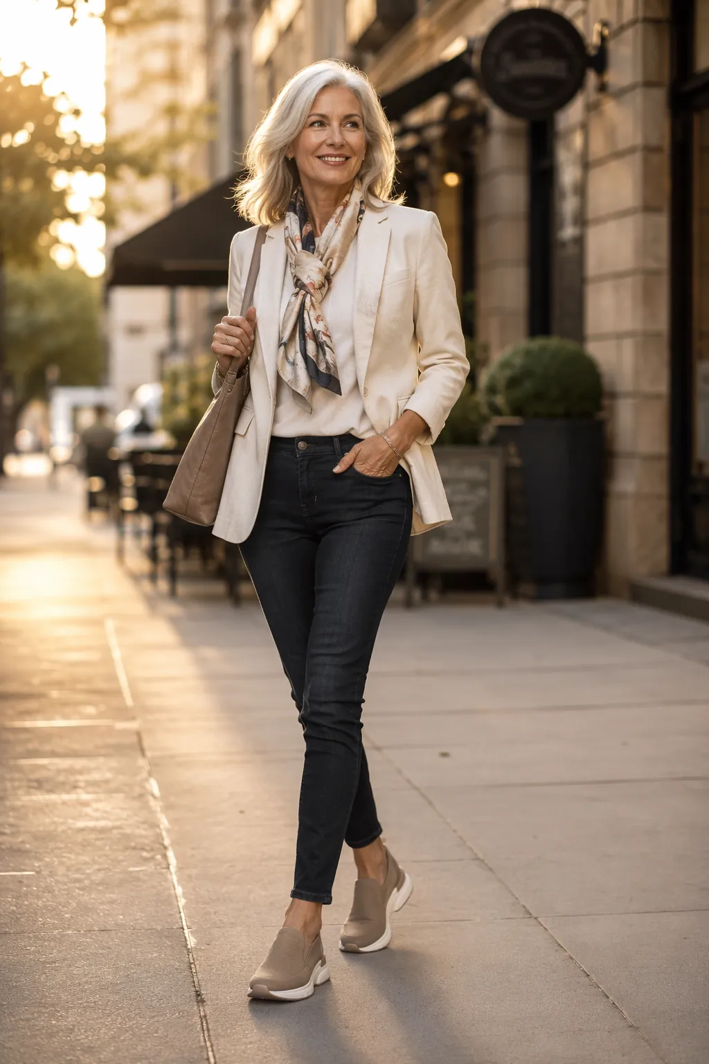 A stylish woman over 50 walking confidently in supportive slip-on sneakers