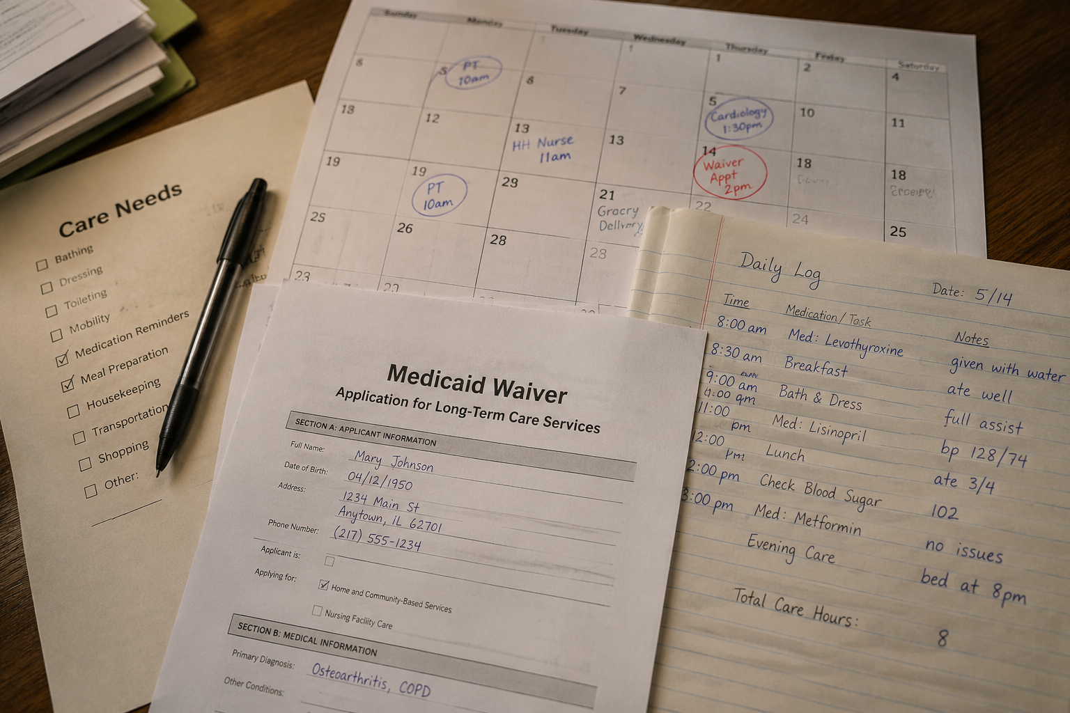 Overhead view of a kitchen table with a Medicaid waiver form, care log, calendar, and checklist