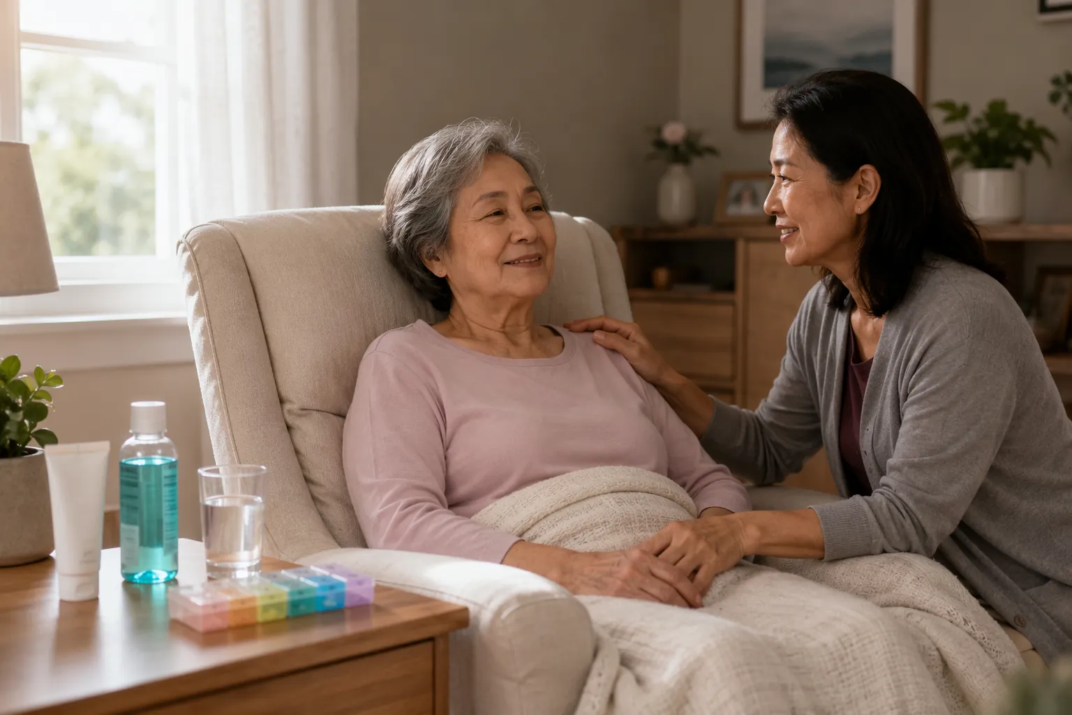Elderly patient resting at home with caregiver nearby, moisturizer, mouth rinse, water, and a daily pill organizer on a bedside table