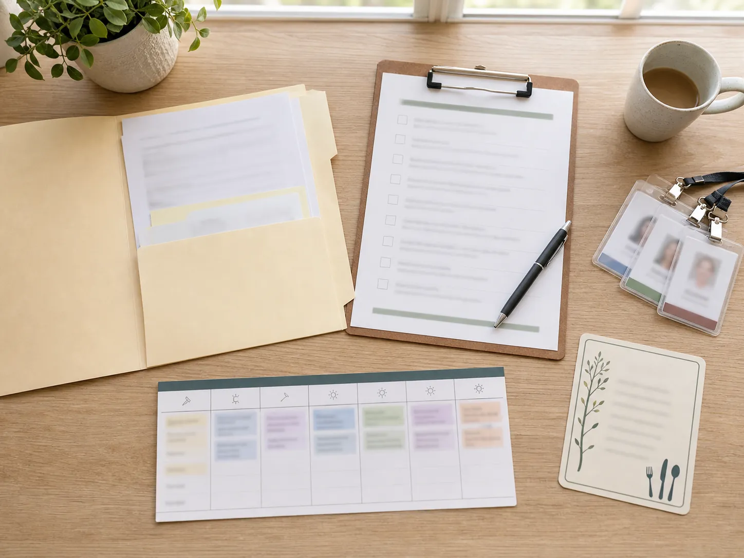 Folder, checklist, activity calendar, menu, badge cards, and pen arranged for reviewing a memory care facility