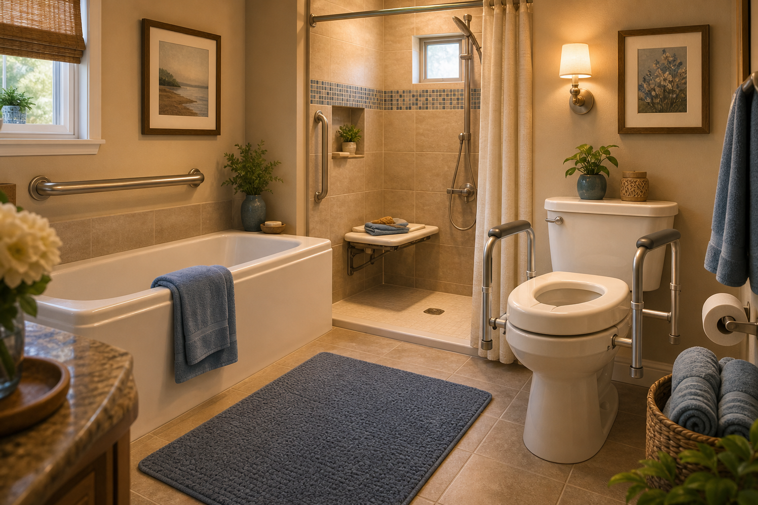 A warm illustration of a modified senior bathroom with a bathtub grab bar, raised toilet seat with bilateral grab bars, a non-slip bath mat, a shower seat, and soft warm lighting in beige and blue tones emphasizing safety and dignity.