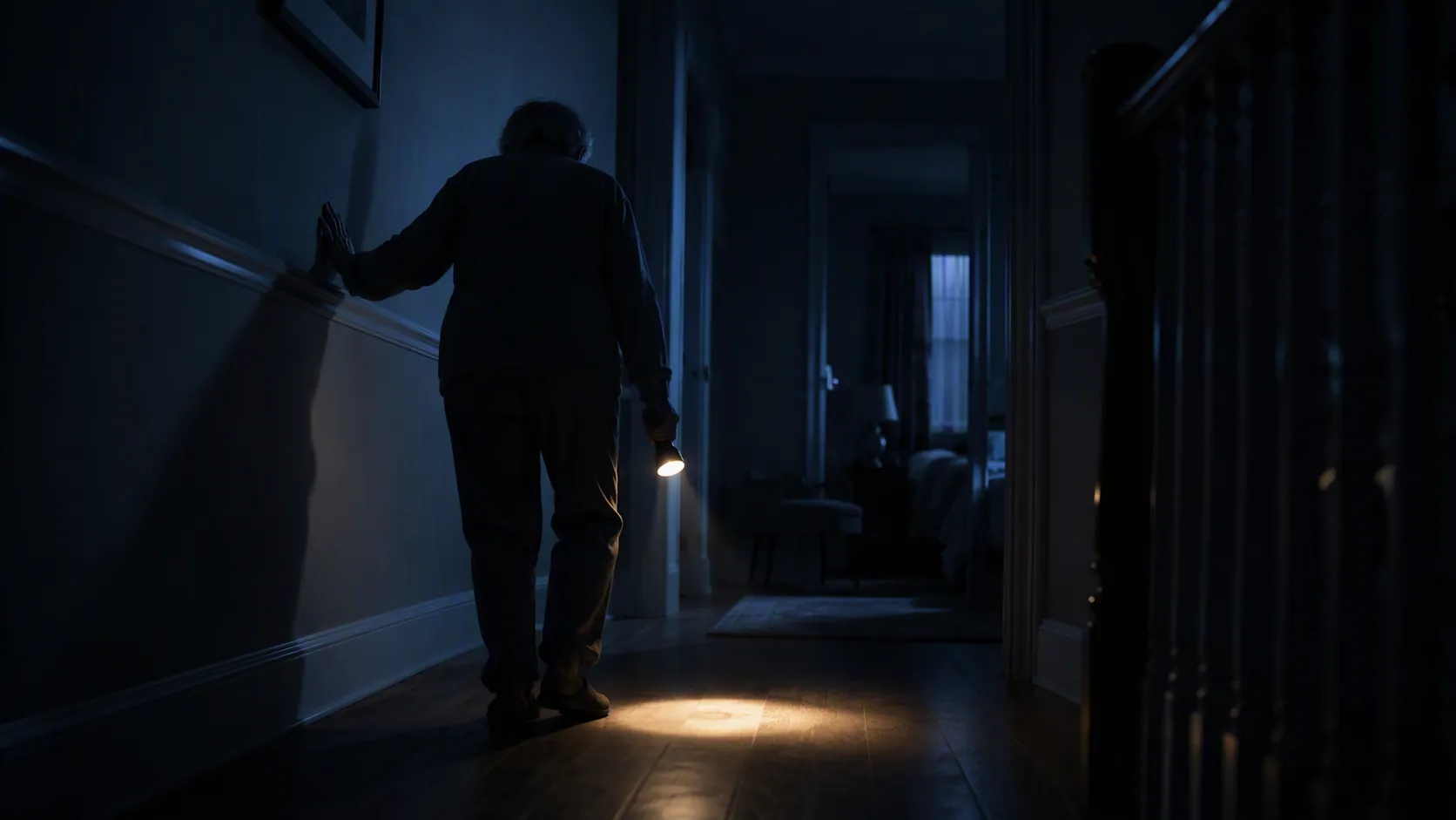 Older adult walking cautiously through a dim hallway with flashlight light on the floor