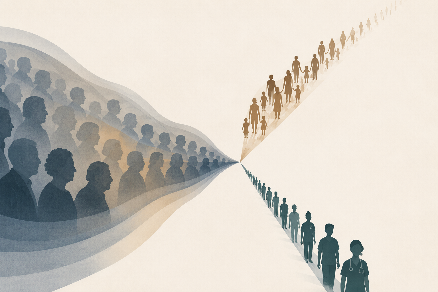 Conceptual illustration of aging demand, shrinking family caregivers, and a strained direct care workforce converging