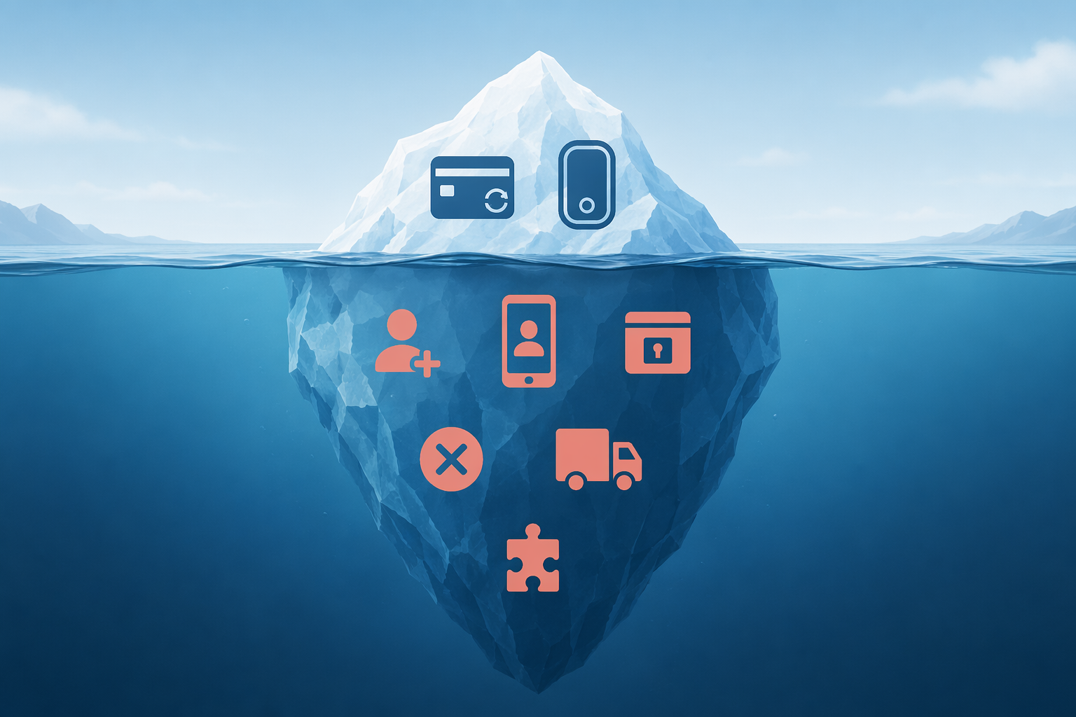 An editorial iceberg illustration: above the waterline, a small visible tip shows a monthly subscription card icon and a device icon representing obvious costs; below the waterline, a larger submerged section shows subtle coral-toned icons for activation fee, caregiver app fee, lockbox fee, cancellation fee, return shipping, and add-on charges, conveying that most costs are hidden below the surface.