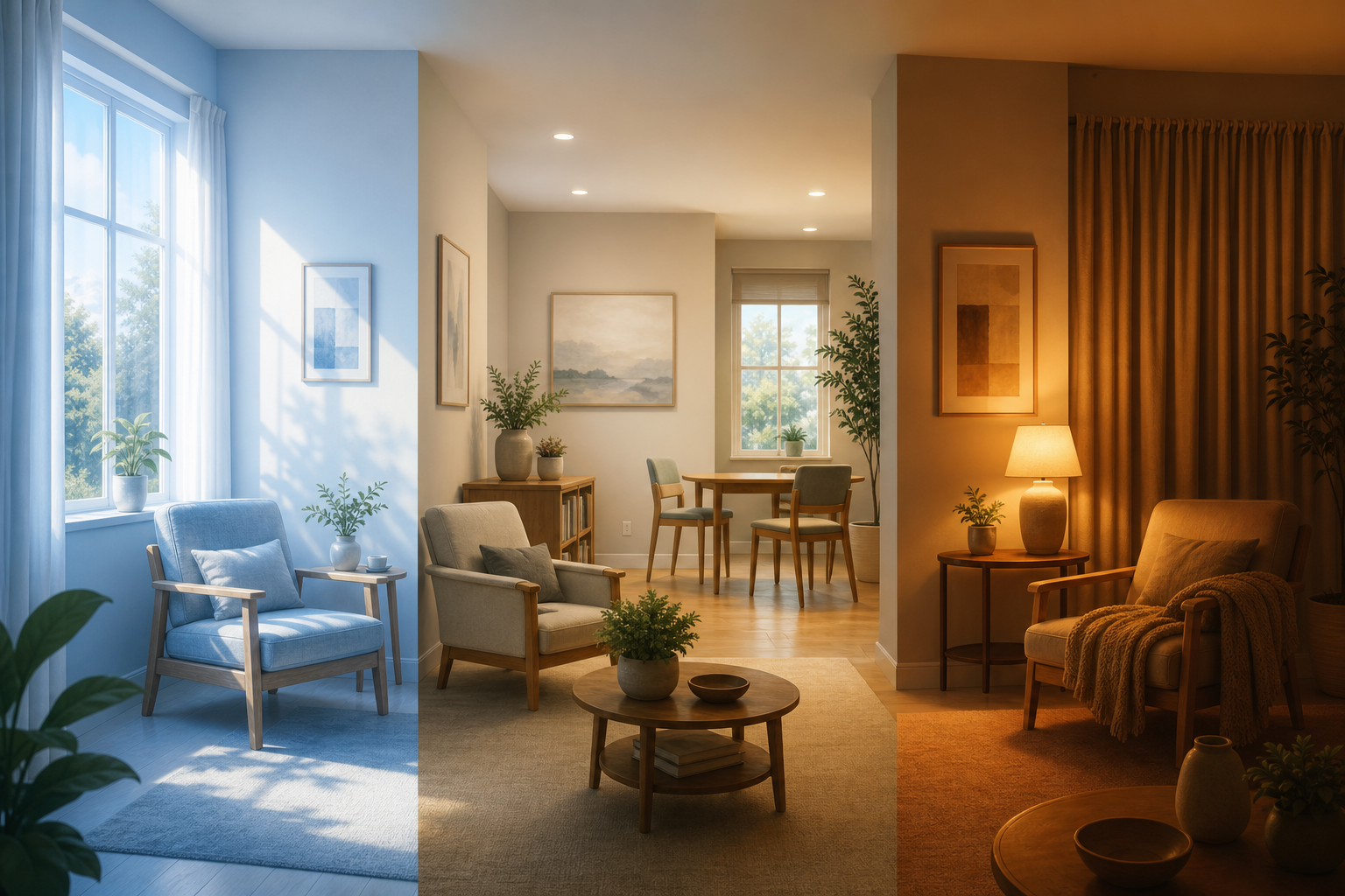 A triptych showing three lighting environments across a day: bright cool daylight in the morning, neutral balanced light at midday, and warm amber lamp light in the evening with curtains drawn.