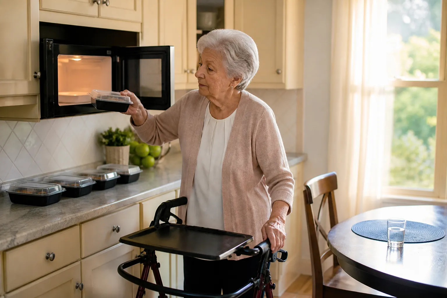 Older woman using a rollator tray to move a covered single-serving meal from the microwave toward a dining table