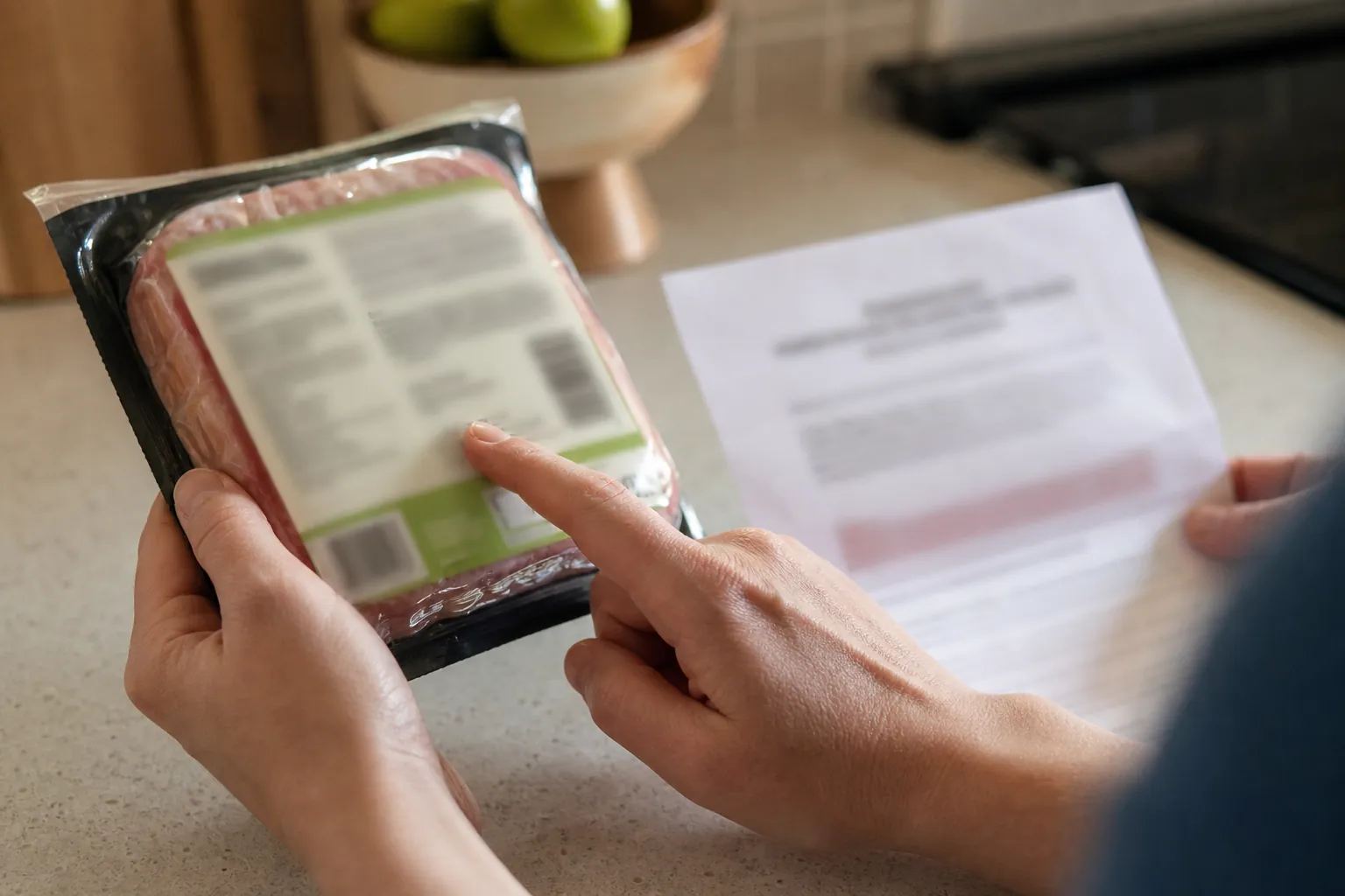 Hands comparing a packaged food label with a paper recall notice on a kitchen counter