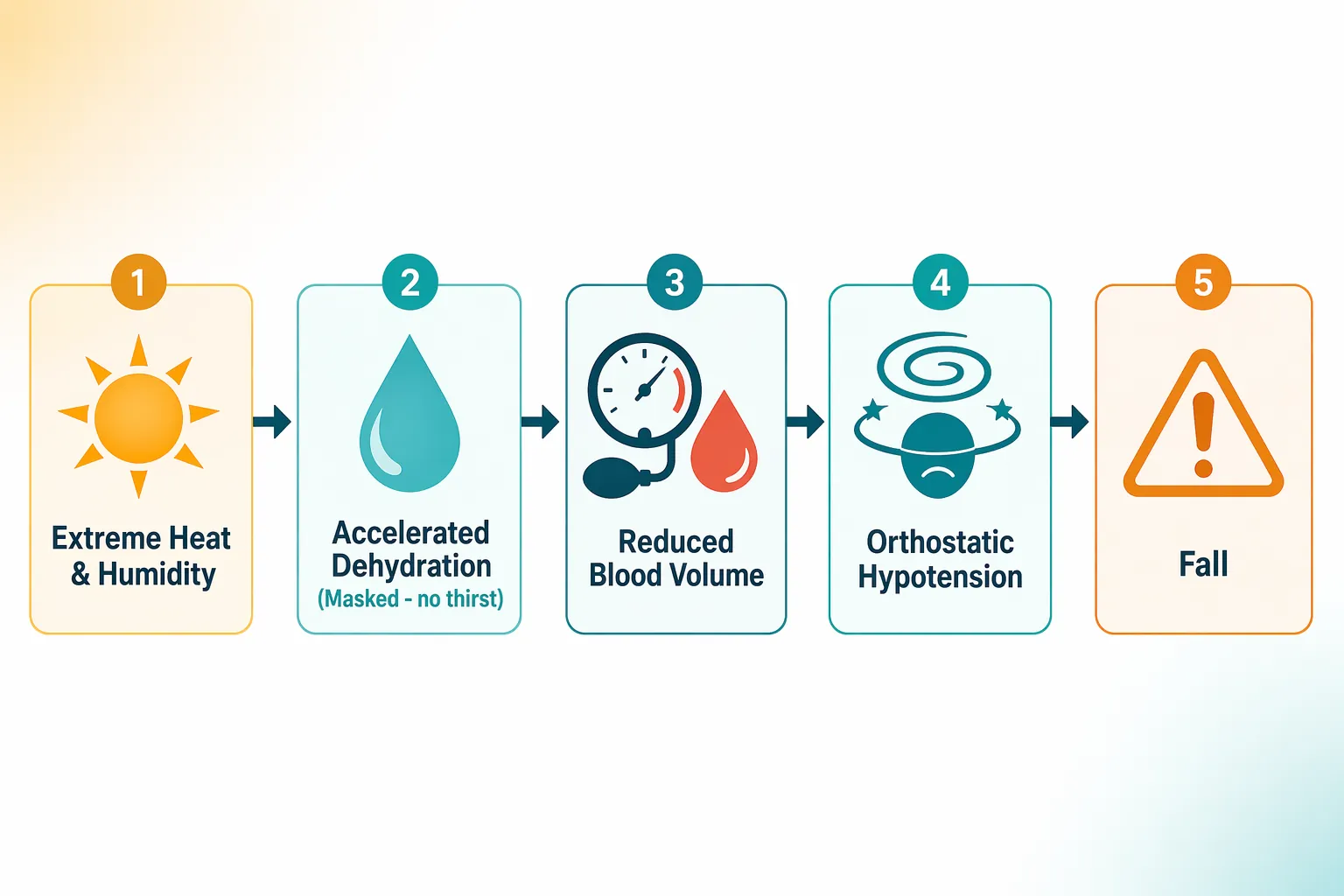 Diagram showing the chain from extreme heat and humidity to dehydration, reduced blood volume, orthostatic hypotension, and falls