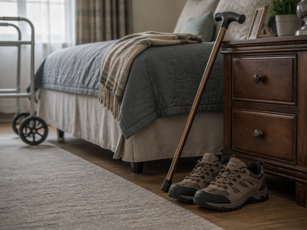 Sturdy closed-toe shoes placed beside a bed with a cane and walker nearby
