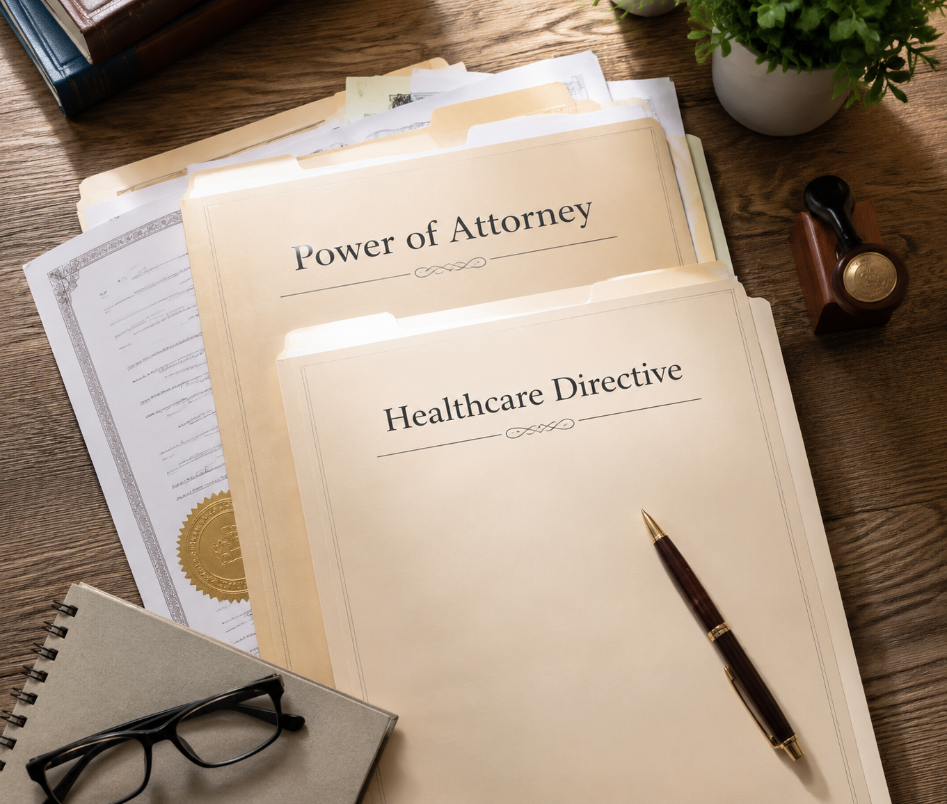 Power of Attorney and healthcare directive folders arranged with legal paperwork