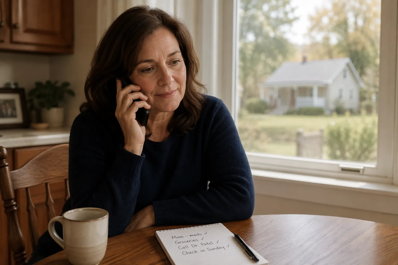 A caregiver calls an aging parent from a kitchen table with a checkmarked notepad nearby