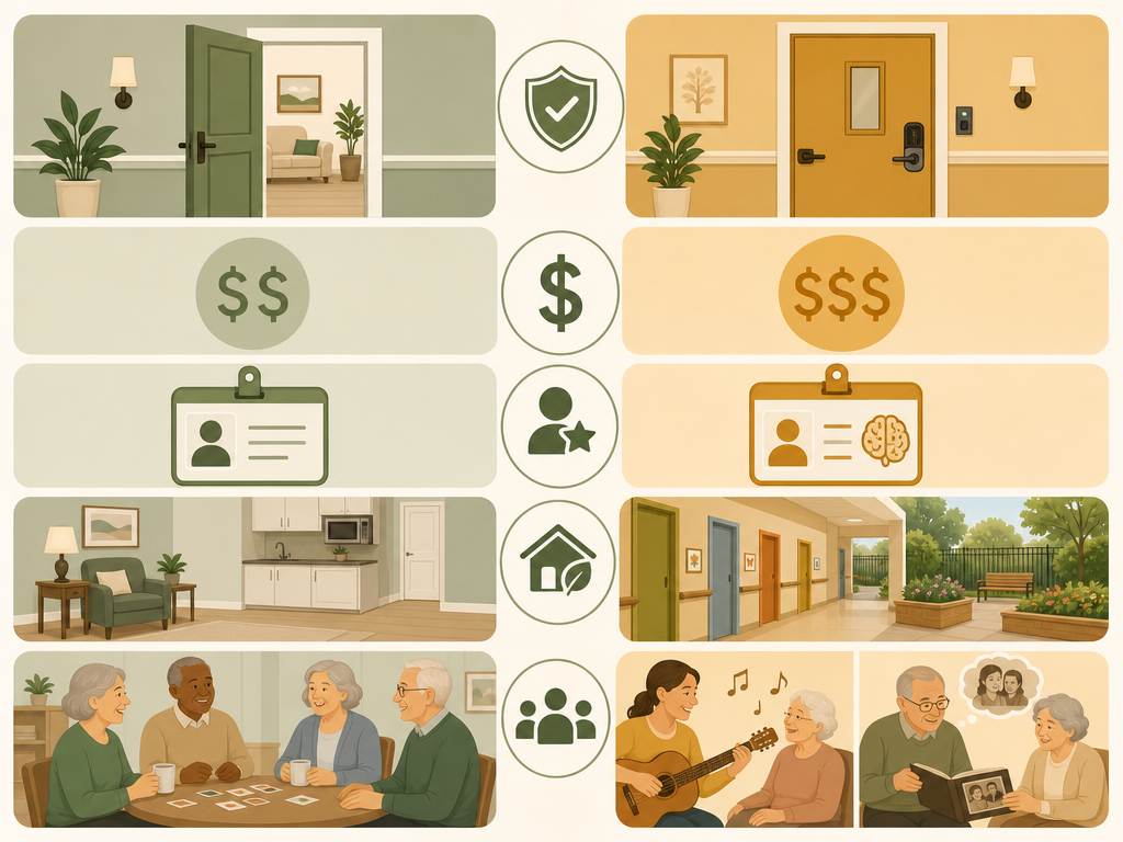 Comparison infographic showing five dimensions of assisted living versus memory care with icons.