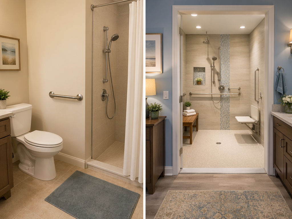 Split-scene bathroom comparison. Left side: a simple modification with a single grab bar installed next to a toilet and a handheld shower head. Right side: a complex accessible remodel with a curbless roll-in shower, built-in bench, wider doorway, and non-slip flooring.