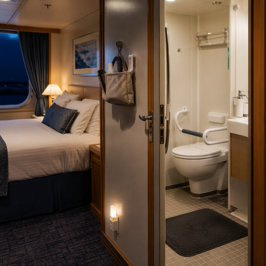 Cruise cabin bathroom at night with a nightlight, non-slip mat, portable grab bar, and magnetic hooks holding an essentials pouch