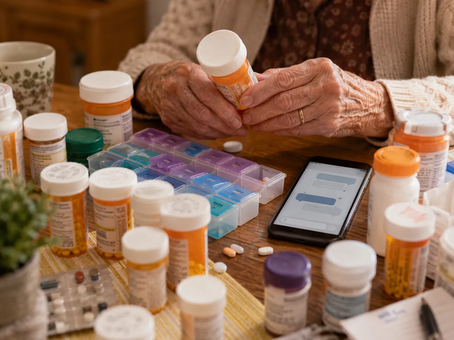 Older adult's hands near multiple prescription bottles, a pill organizer, and a smartphone chatbot interface