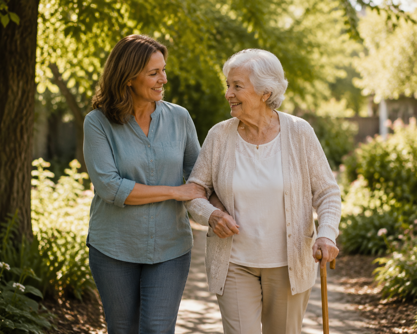 Middle-aged adult walking beside an older adult with a cane on a sunlit garden path