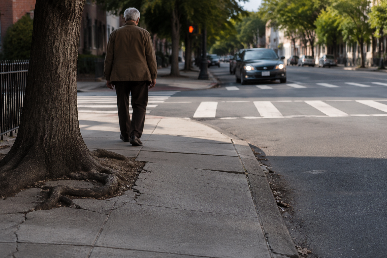 Older adult walking near uneven sidewalk pavement and an approaching crosswalk with traffic nearby