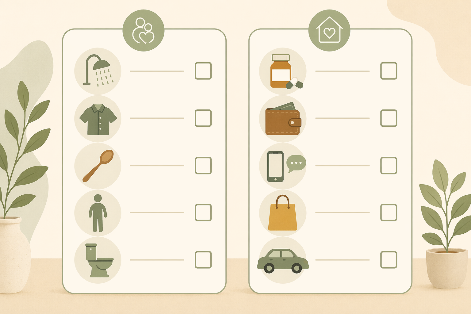 Two columns of simple icons on a warm beige background: left column with shower, shirt, spoon, standing figure, toilet icons; right column with pill bottle, wallet, phone, shopping bag, car icons, representing ADL and IADL assessment categories.