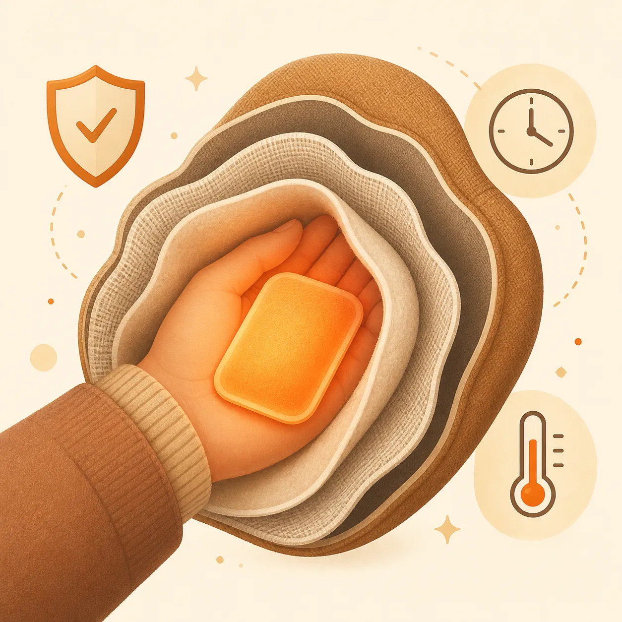 Illustration of a hand warmer protected by fabric layers with thermometer, clock, and shield icons