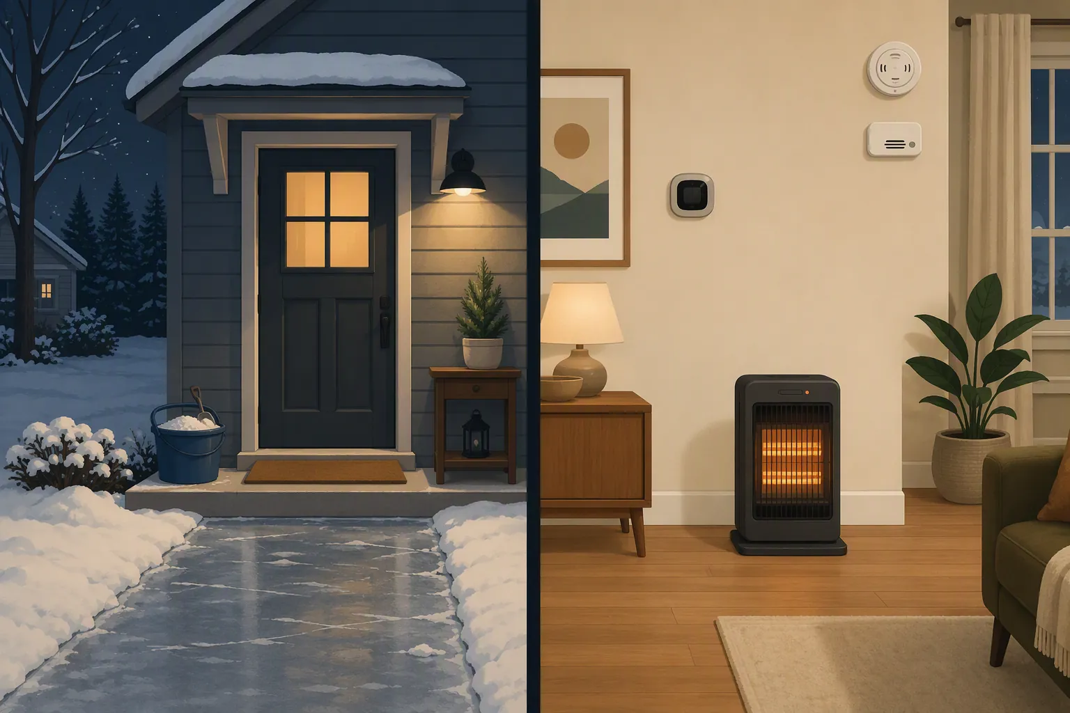 Split scene of a winter home entry with salt and lighting beside an indoor room with a thermostat, space heater, and detector