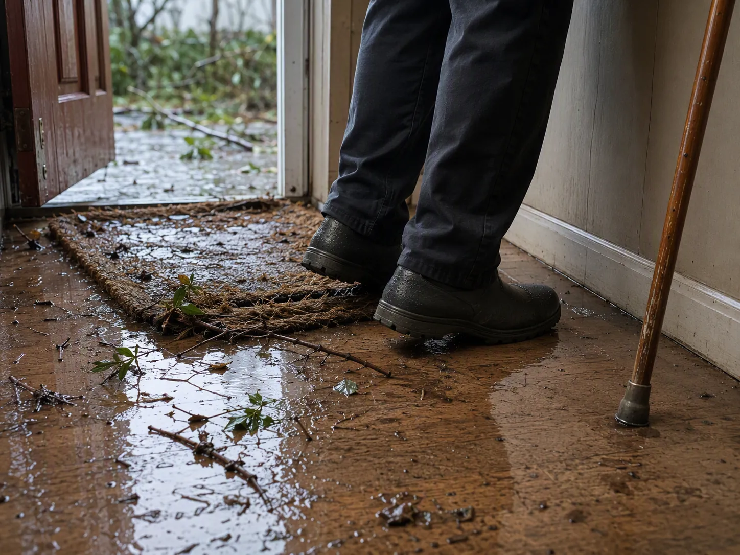 Wet entryway after a storm with puddles, tracked-in water, debris near the door, non-skid boots, and a cane with a worn rubber tip