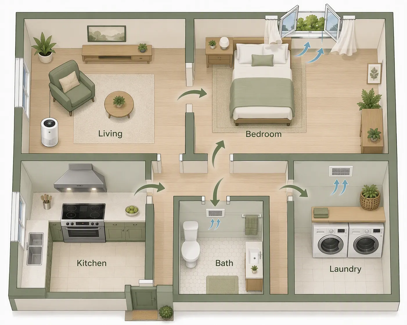 One-story home floor plan marked for living room, bedroom, kitchen, bathroom, and laundry air checks