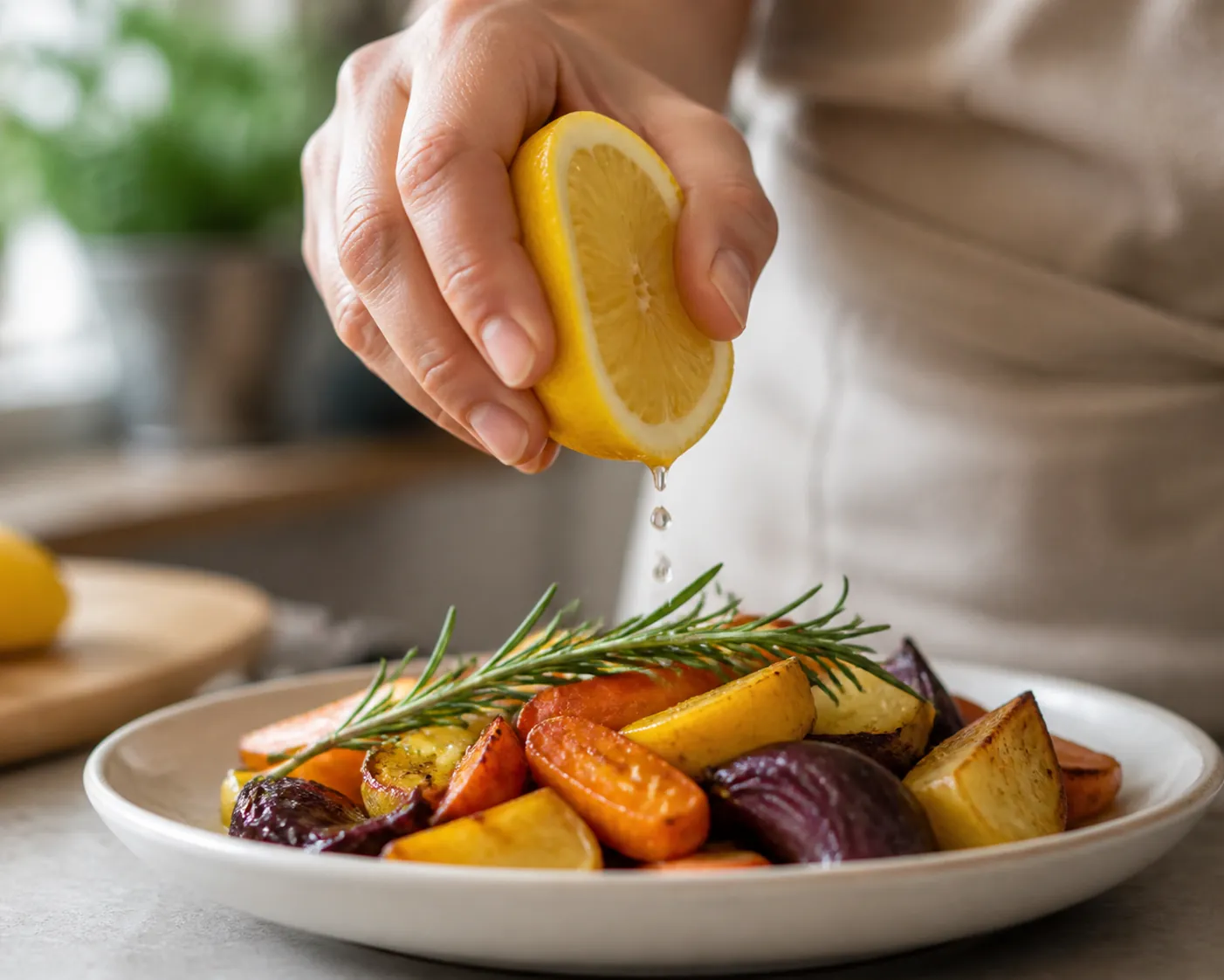 Hands squeezing lemon over roasted vegetables with rosemary