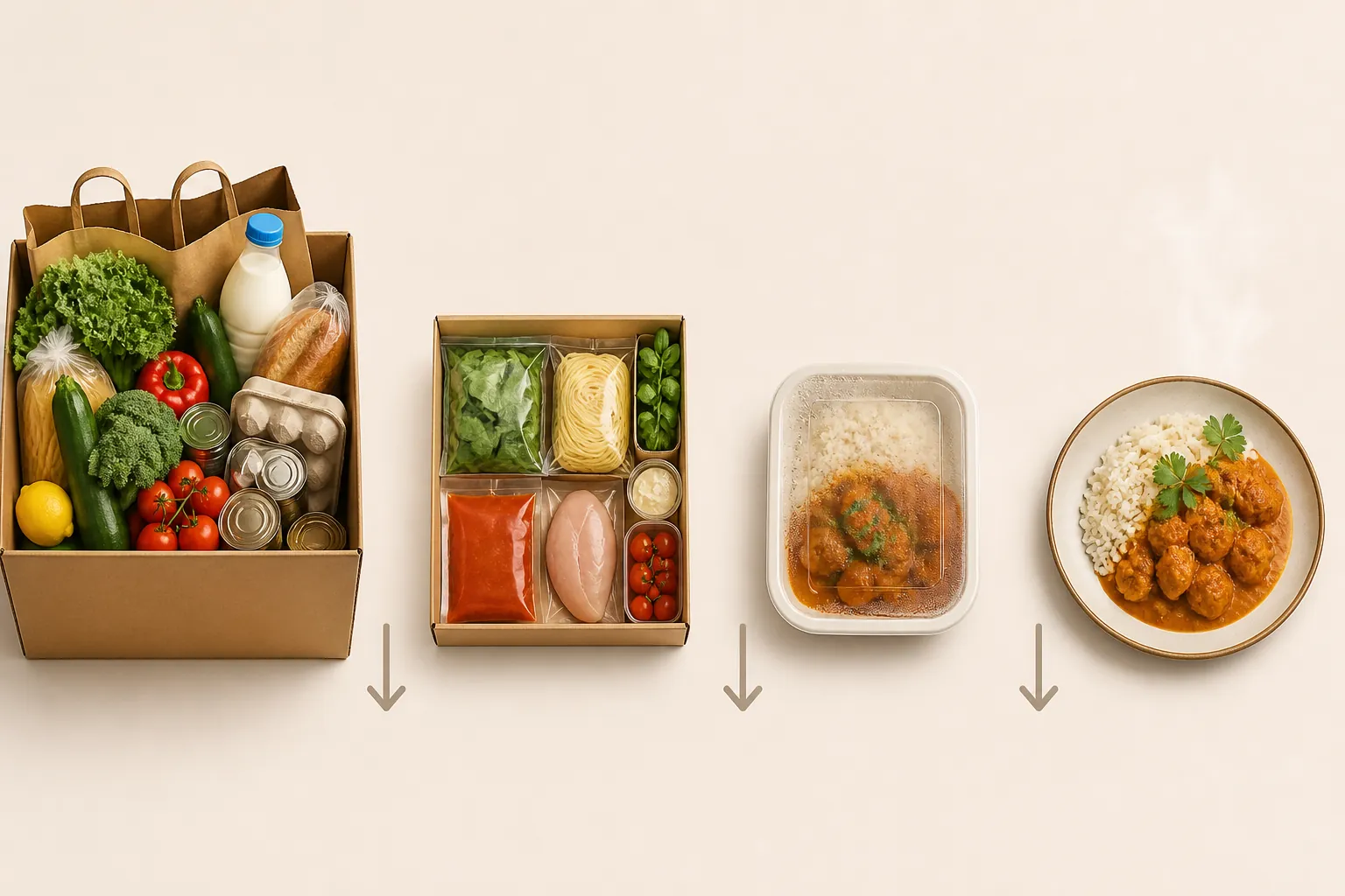 Four food delivery stages from groceries to a fully served meal showing decreasing handling effort