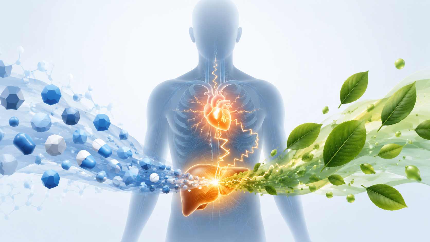 Medical illustration showing kratom compounds and heart medications converging in the liver and affecting the heart