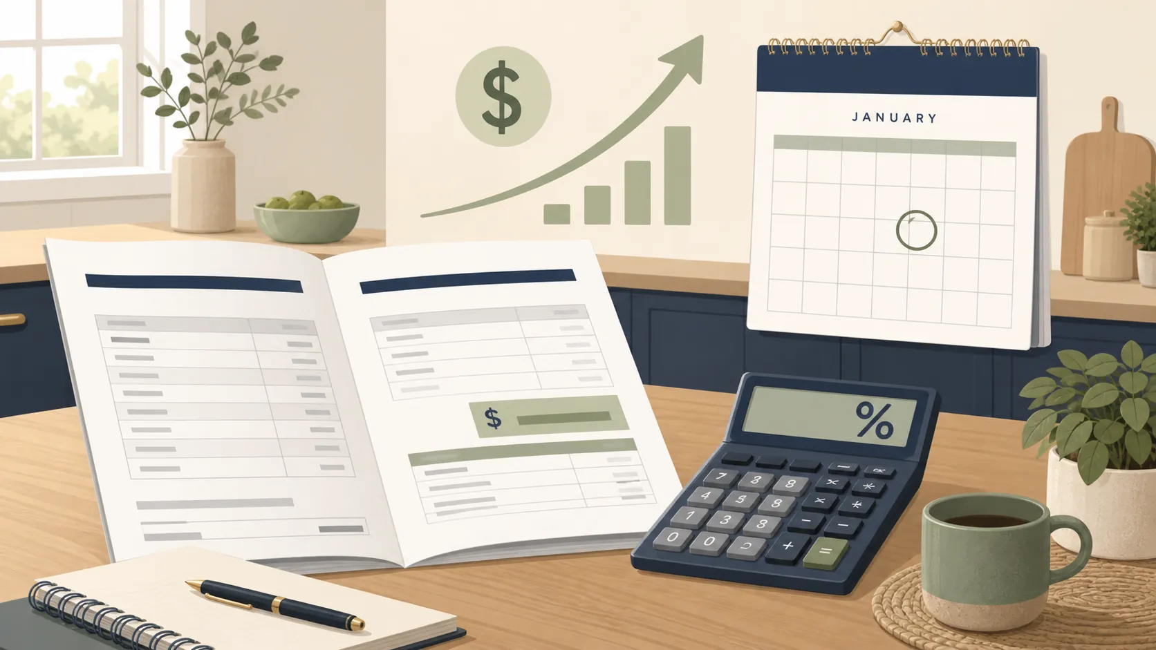 Kitchen table with a benefit statement, calculator, January calendar, and upward dollar arrow