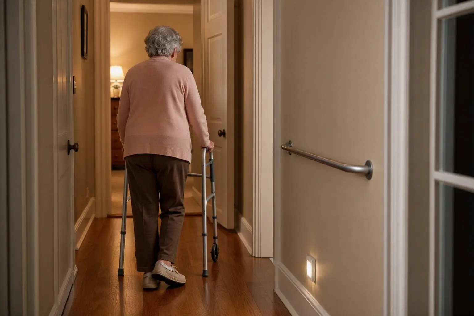 An elderly woman in supportive footwear uses a walker through a clear, well-lit hallway at night