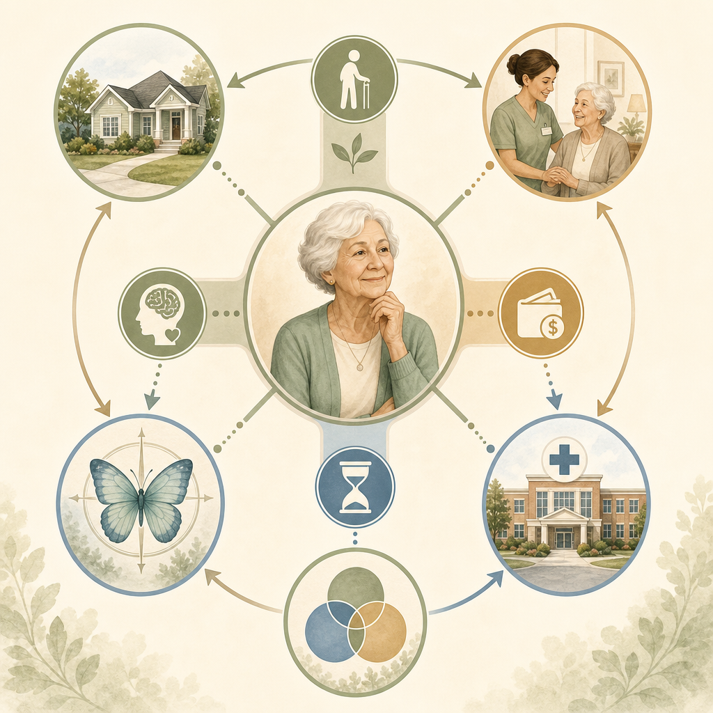A circular decision matrix illustration with a senior adult at the center and four branches — ADL Needs, Cognitive Status, Budget, and Timeline — each leading to icon representations of five facility types: Independent Living, Assisted Living, Memory Care, Nursing Home, and CCRC.