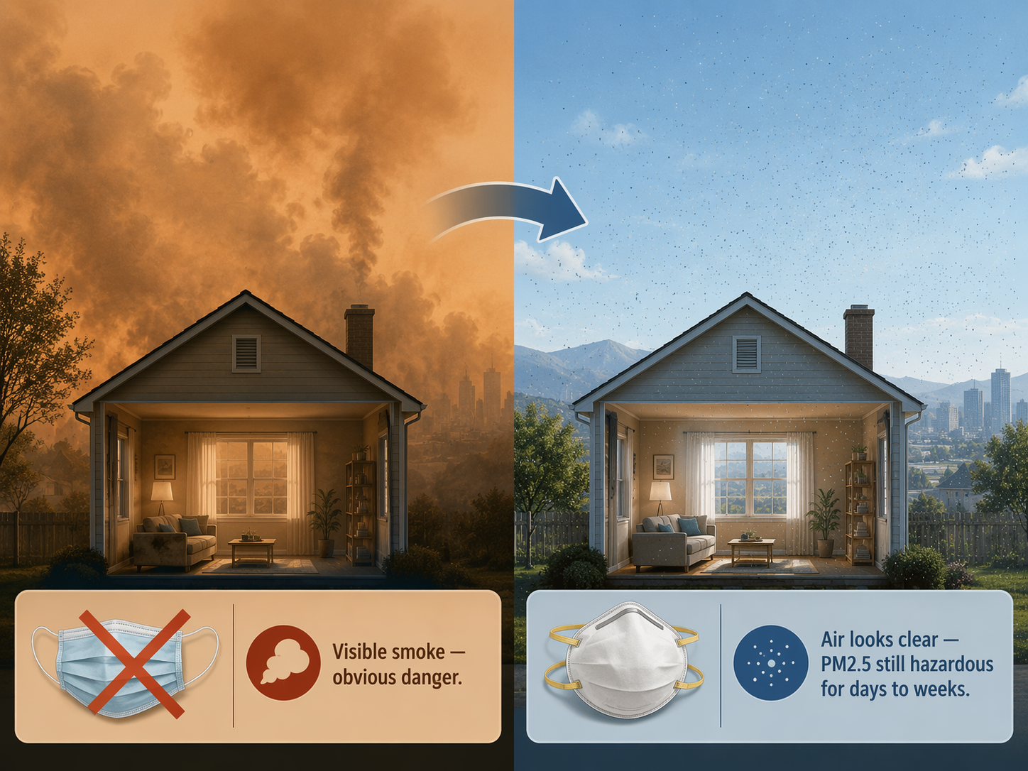 A house in visible wildfire smoke compared with the same house under clearer skies while fine particles remain in the air