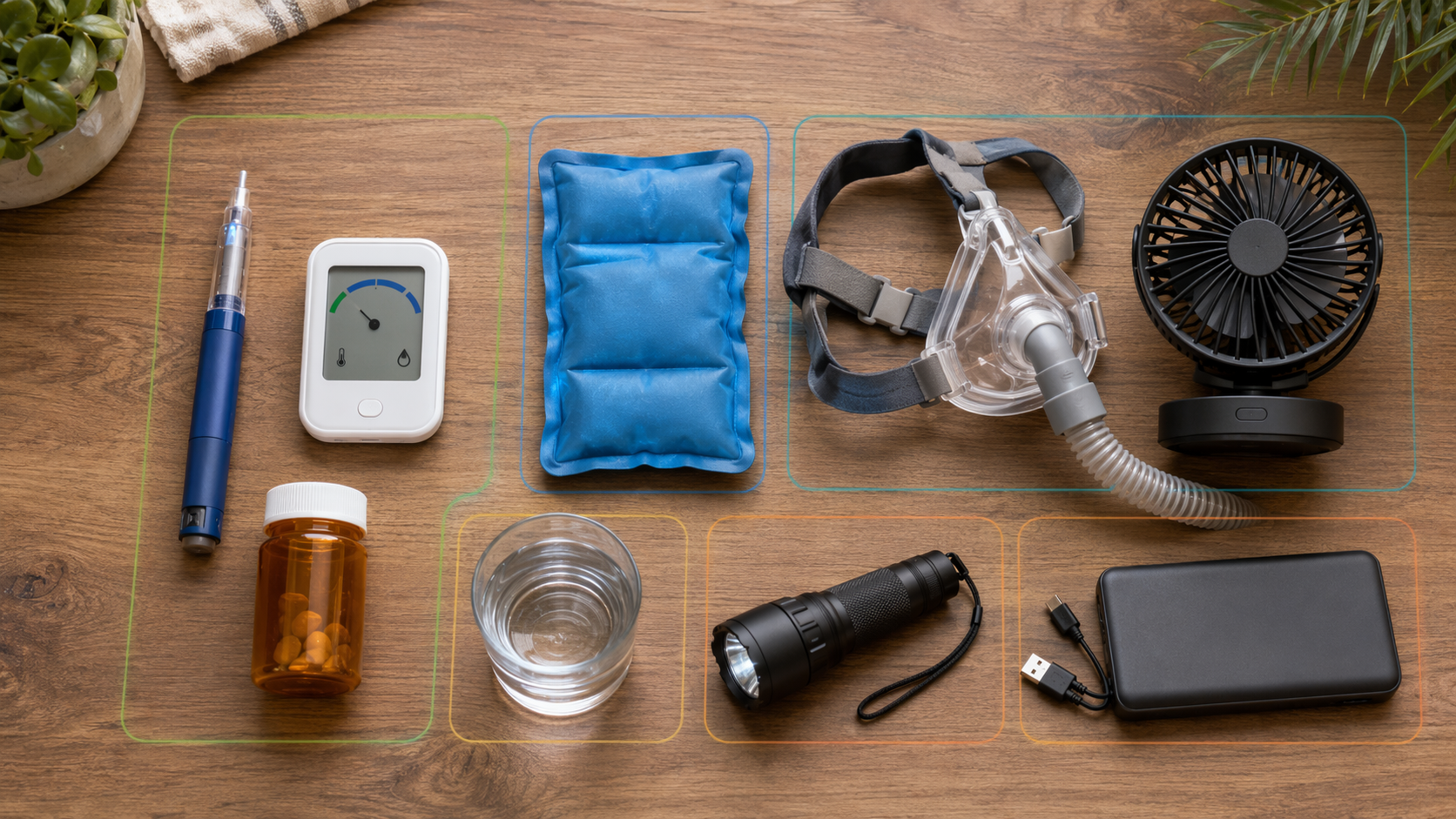 Medication, insulin, a CPAP mask, a flashlight, and a backup battery arranged for outage preparation.