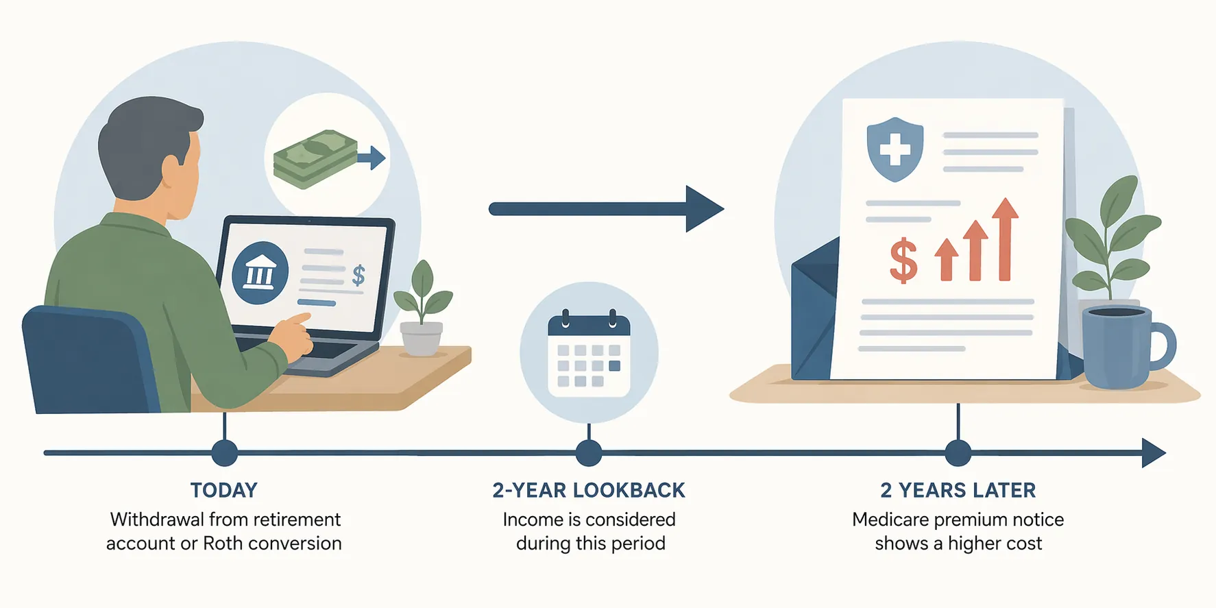 A retirement withdrawal followed by a two-year arrow leading to a higher Medicare premium notice