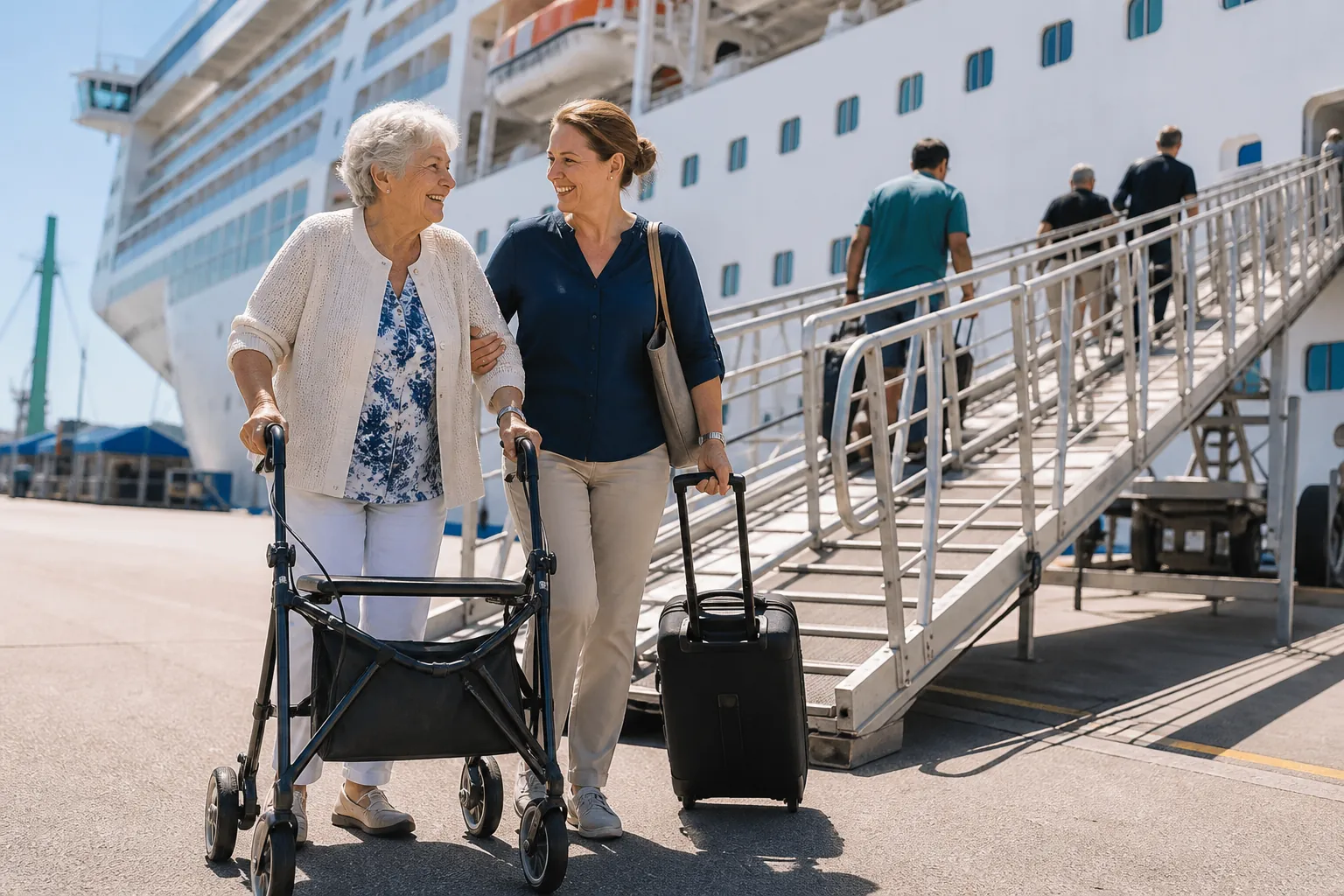 Older woman using a rollator with assistance near a cruise ship gangway