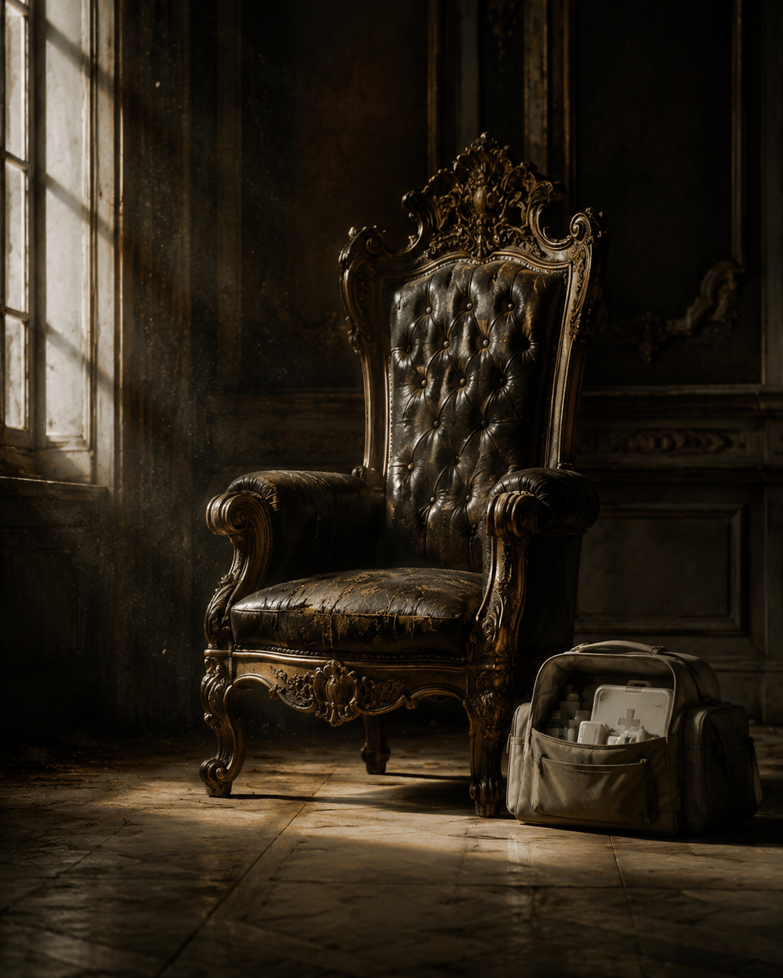 An empty antique throne beside a modern caregiving bag with medical supplies