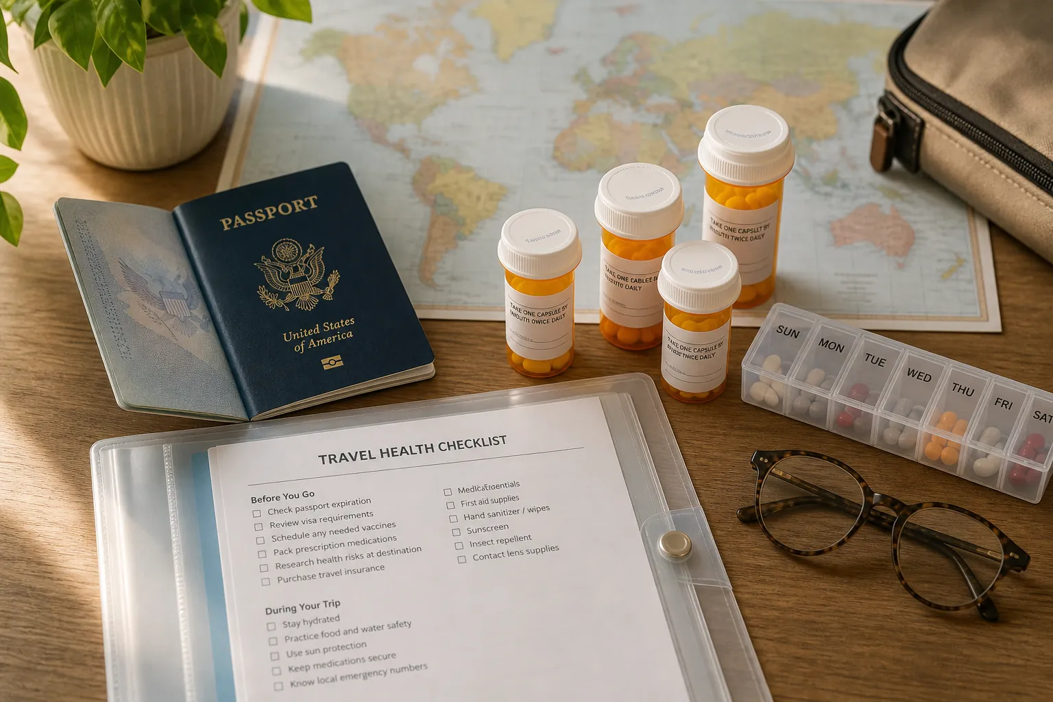 Organized travel-prep tabletop with passport, prescription bottles, pill organizer, health checklist, glasses, and map