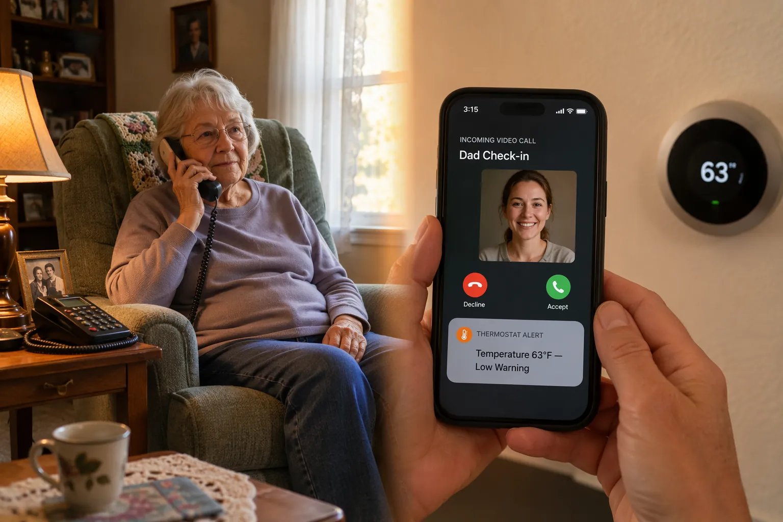 Older adult near a phone with a caregiver video call and smart thermostat low-temperature alert shown on a smartphone