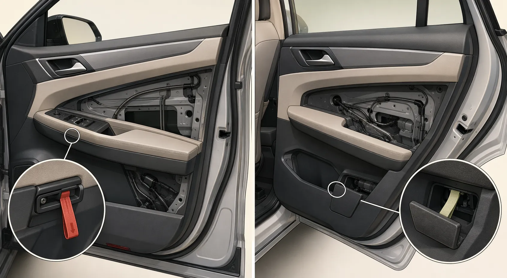 Comparison of a visible front door emergency release and a hidden rear door release behind an access cover
