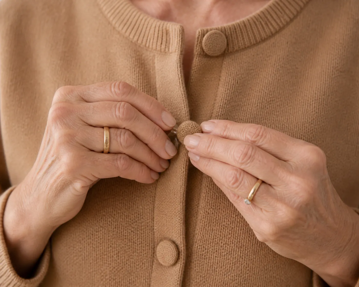 Older woman's hands fastening fabric-covered buttons on a classic camel cardigan