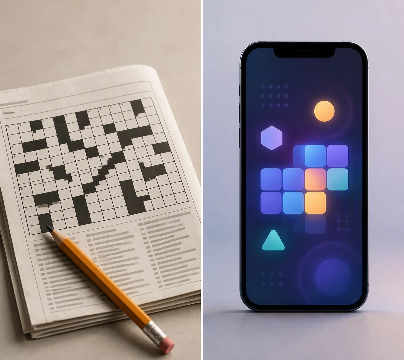 Printed crossword and pencil beside a smartphone showing a brain-game screen