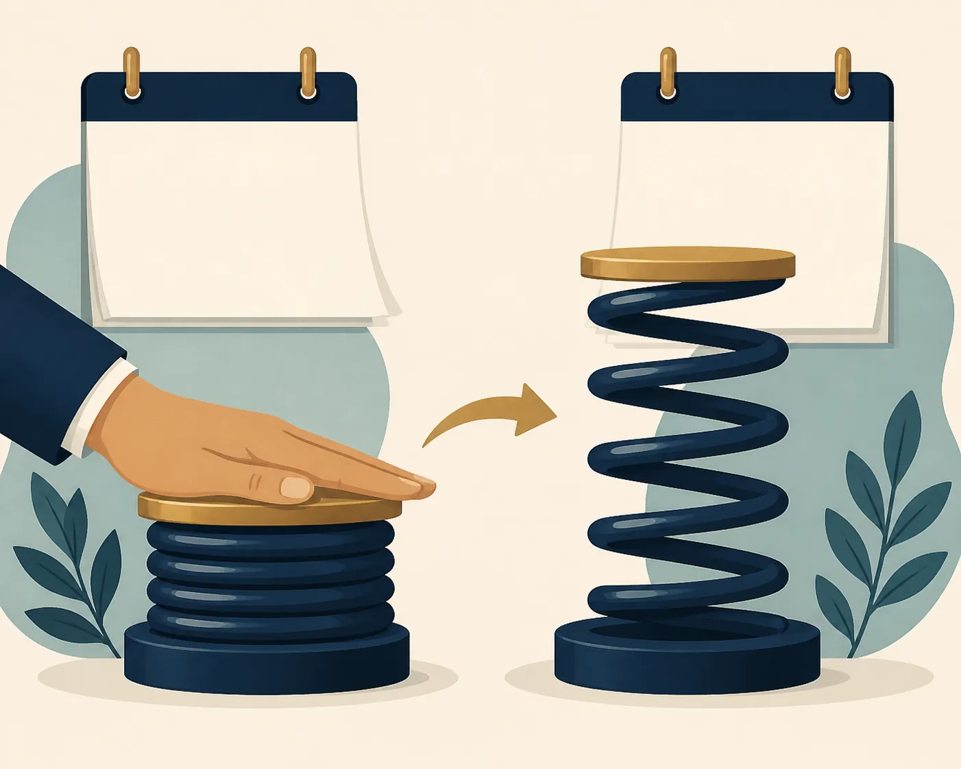 A compressed spring beside the same spring released in a later calendar year