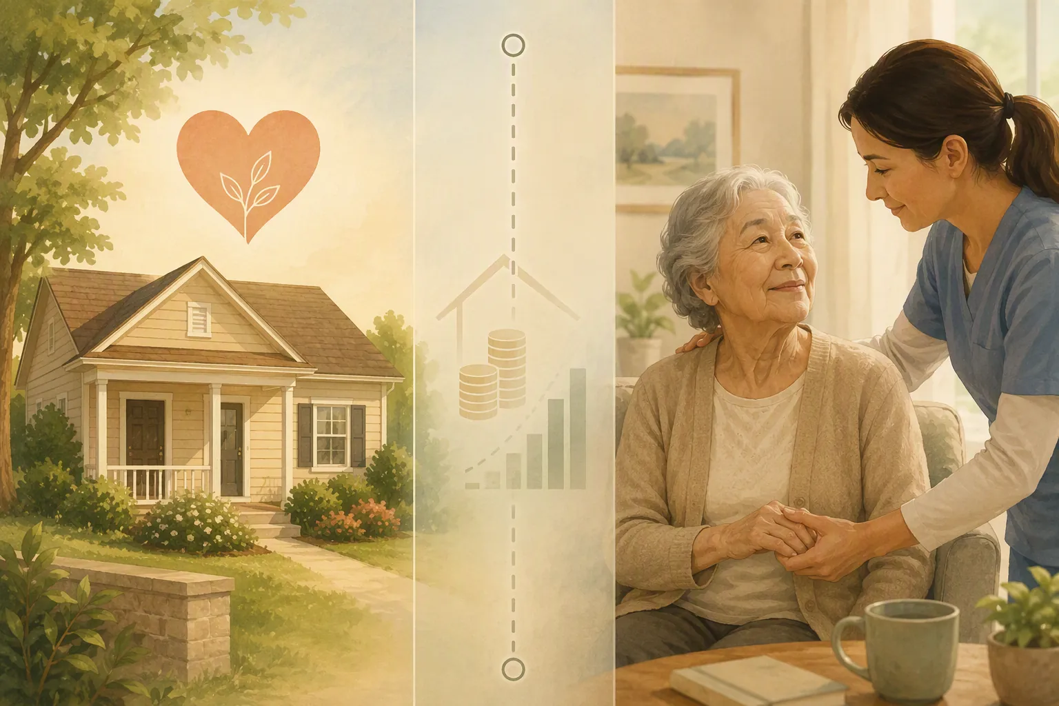 Illustration of a house and heart beside a senior receiving care, showing the link between home equity and long-term care access